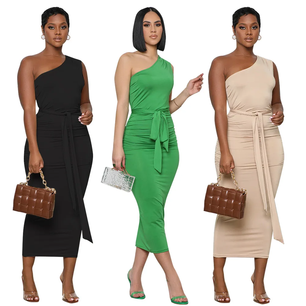 

Summer Elegant Party Dress Women Fashion Slim Diagonal Collar Slim Sleeveless Lace-up Dress Women