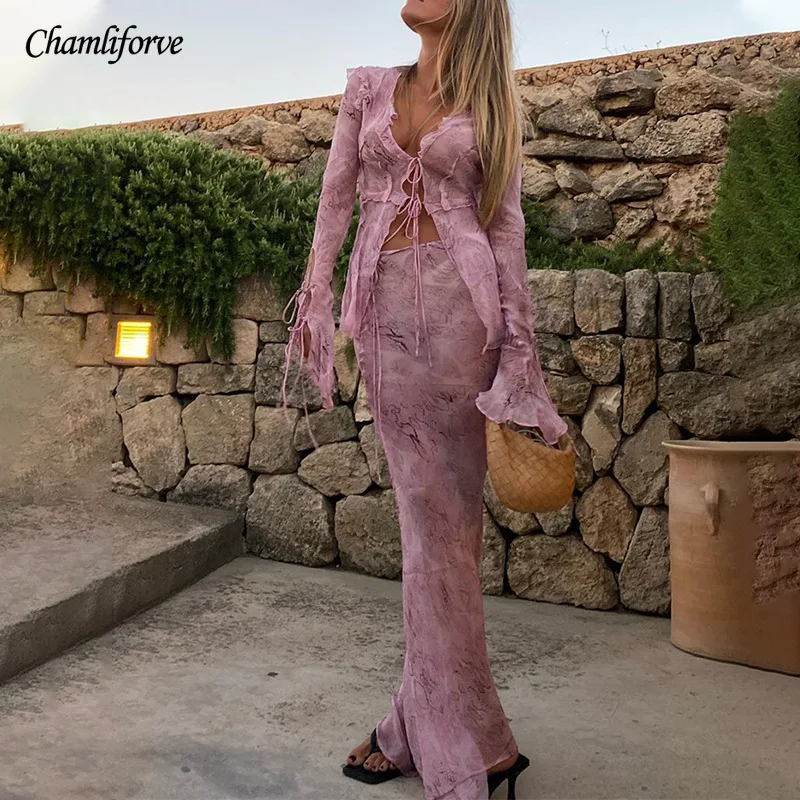 

Chamliforve Bodycon Sexy Two Piece Sets Print Y2K Mesh Long Sleeve Top Shirts + Maxi Skirt Beach Outfits Women Club