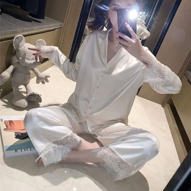 Women's Lace Pajama Set Spring Autumn Thin Sexy Two Piece Set Loose Long Sleeve Home Suit Summer Sleep Top Solid Color Fashion