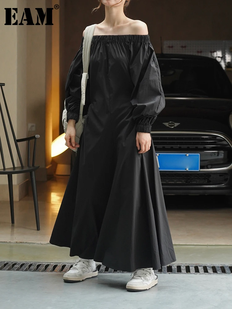 

[EAM] женское черное короткое Длинное Элегантное платье, новое платье с вырезом лодочкой и длинными рукавами-фонариками, свободное модное весенне-осеннее 2023 1DF9947