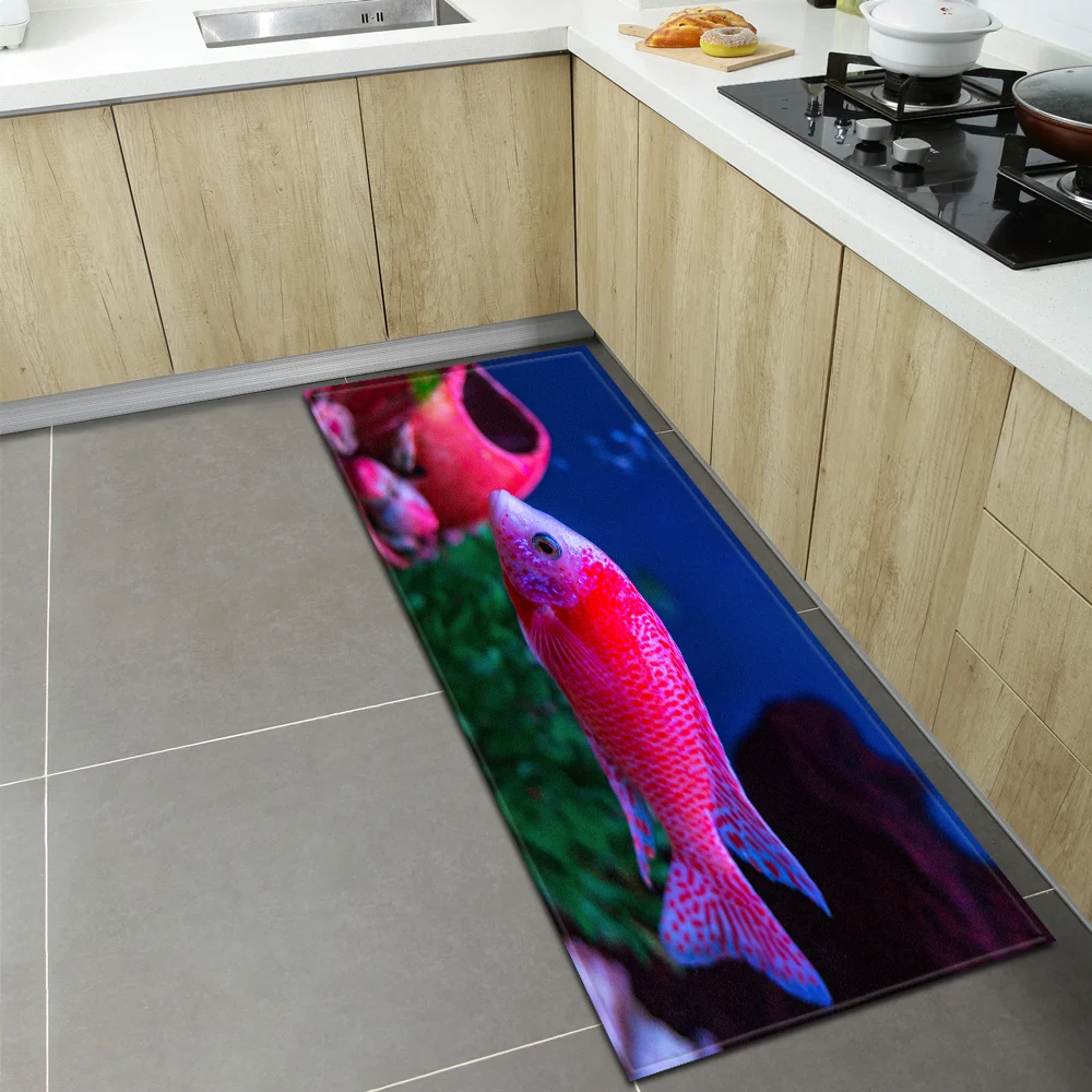 Ocean Multicolored Fish Print Kitchen Mat Antislip Washable Felt Carpet Rug for Living Room Aesthetic and Home Decor |