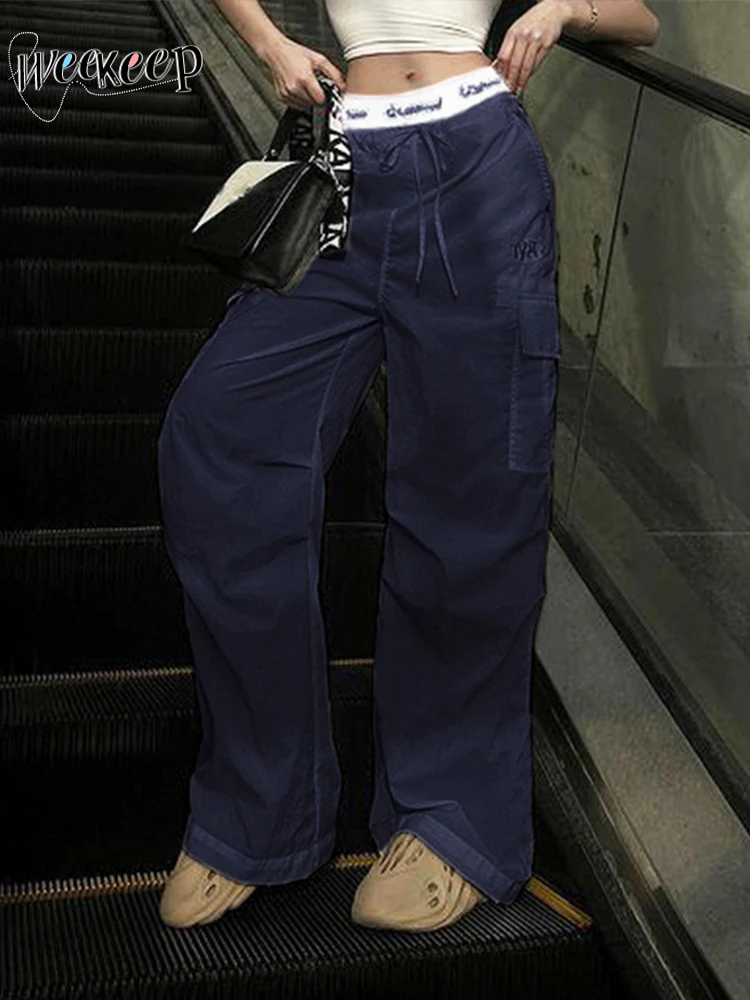 

Weekeep Letter Print Stitching Low Rise Cargo Pants Big Pocket Baggy Casual Jogging Trousers Harajuku Women Carpis Hip Hop Basic