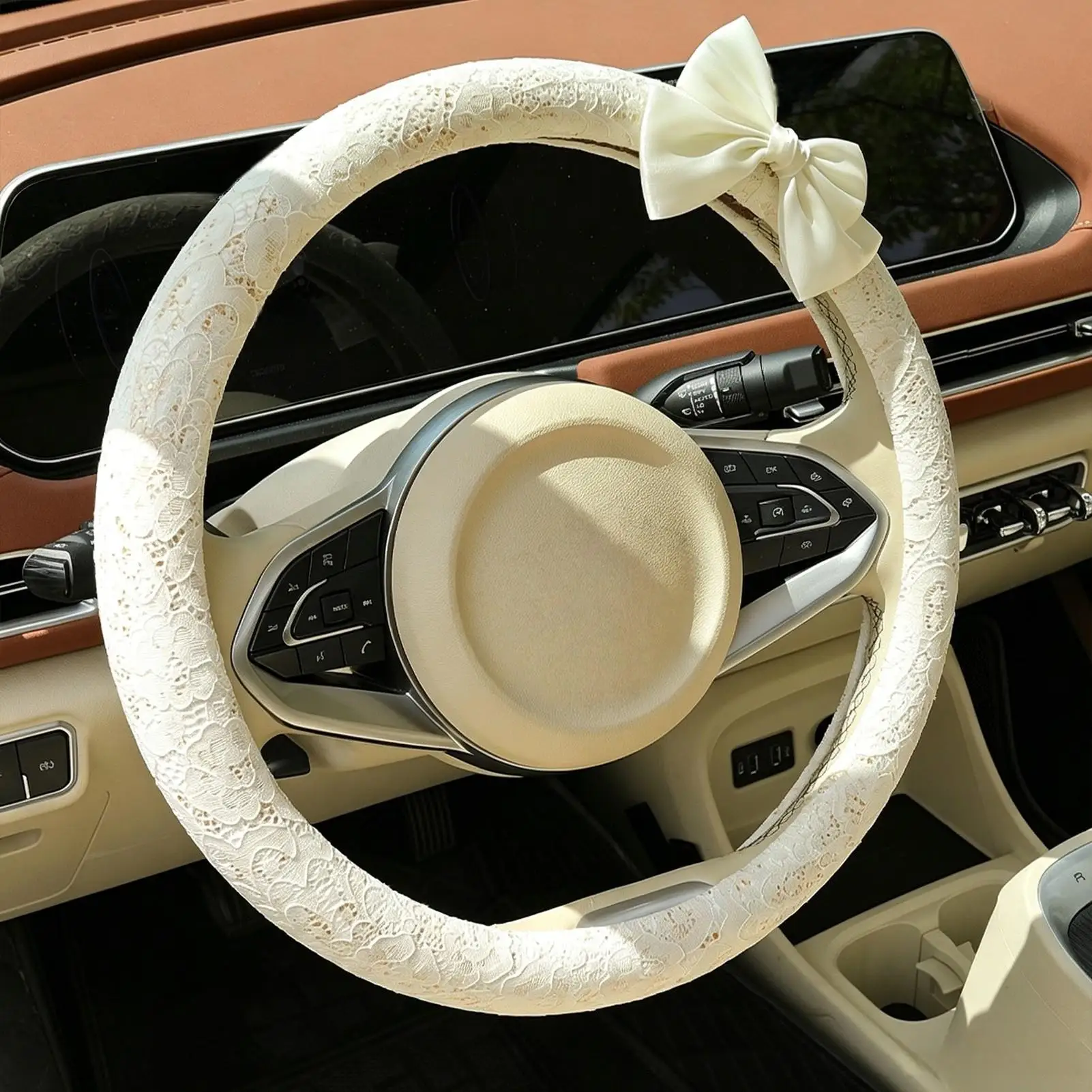 Фото Чехол на руль автомобиля 15 дюймов с кружевным узором и бантом для внедорожников, грузовиков, для ежедневных поездок и длительных путешествий №4