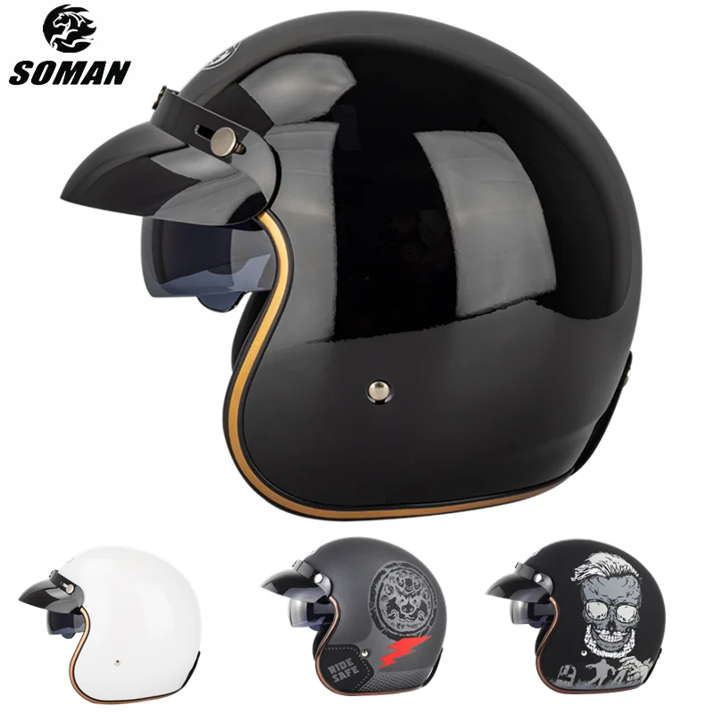 Men Retro Black Scooter Helmet Summer Open Face Half Face Kask Vintage Half Motorcycle Helmets Goggles Moto Chopper Capacetes