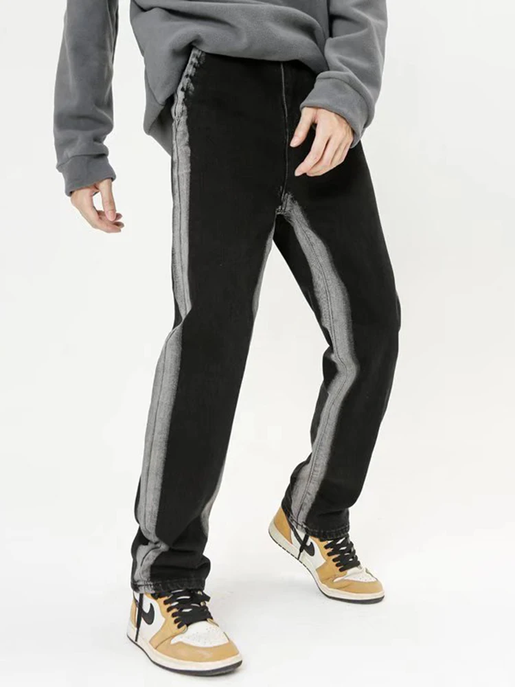 Men Fashion Street Clothing Retro Gothic Striped Jeans Loose Casual Wide -legged Denim Cloth Straight Rail Pants Hip -hop Jeans