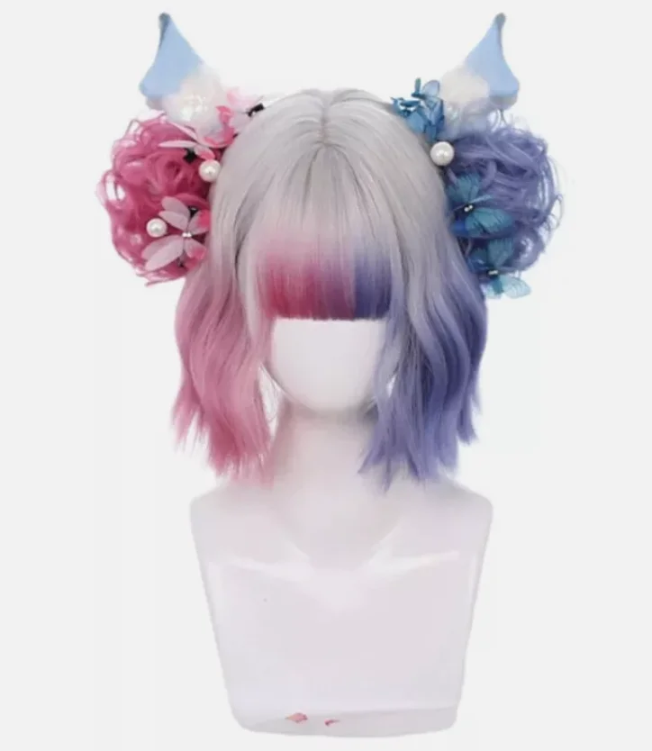 Розовые смешанные фиолетовые парики Лолиты с булочками короткие волнистые
