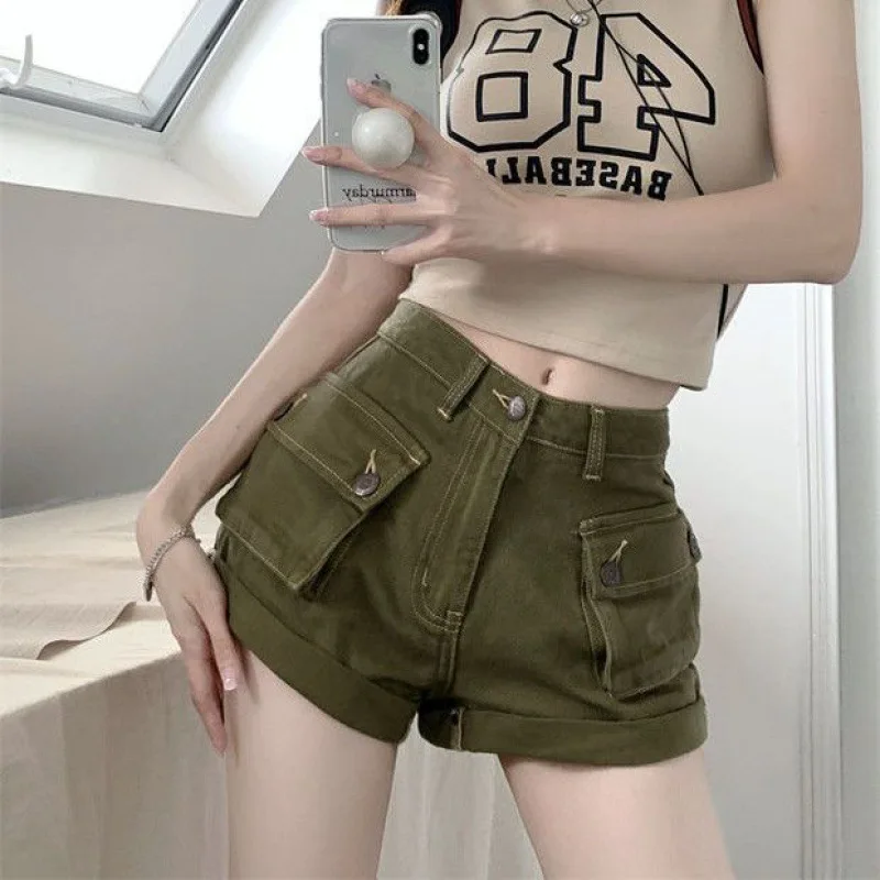 

Джинсовые шорты в стиле милитари, Зеленая рабочая одежда, тонкие трапециевидные широкие брюки, маленькие ретро-шорты с высокой талией и карманами