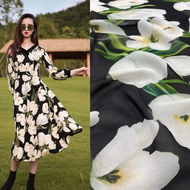 

Product D Home Refreshing Black Tulip Printed Silk Georgette Fabric Summer Dress Half Skirt Silk Diy Eco-Friendly Needle-Punched