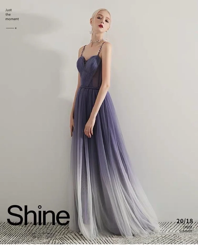 

Sexy Spaghetti Straps Bridesmaid Dresses A-Line Sleeveless Tulle Pleat Backless Purple Gray Wedding Party Evening Prom Gown 2022