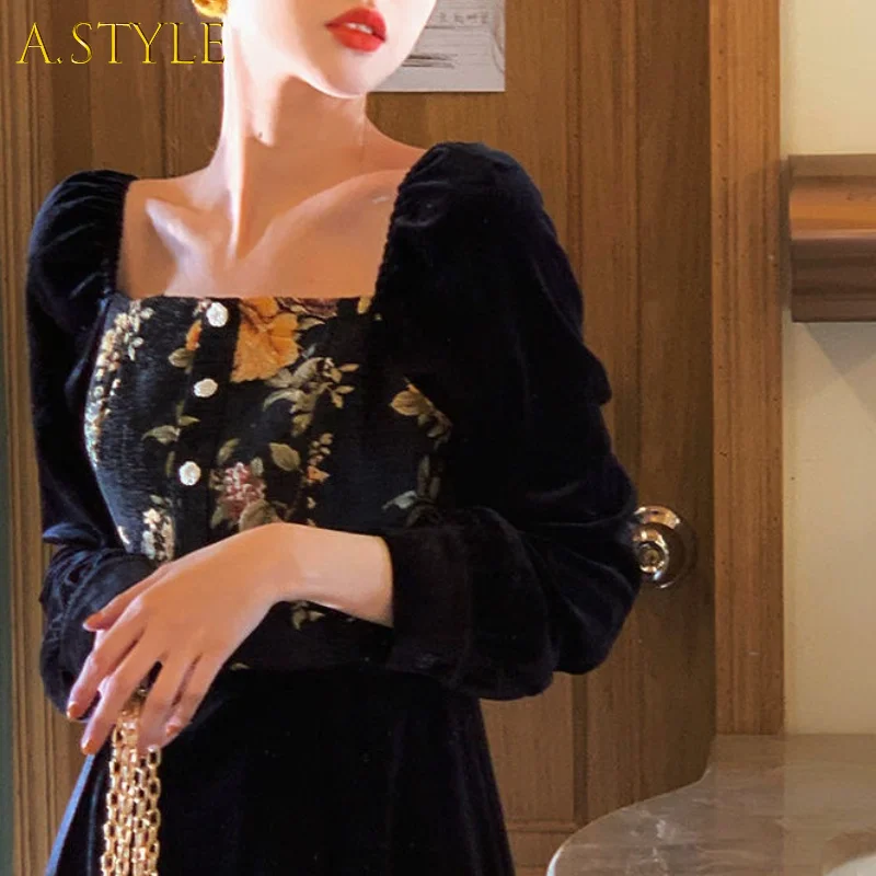 

Retro Black Midi Dresses for Women Flower One Piece Dress Korean 2021 Autumn Slim Evening Party Velvet Dress Female Cute Y2k