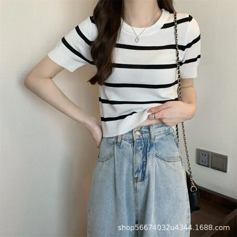 

Round collar high waist temperament short jacket womens new summer chic Korean version of short-sleeved T-shirt white