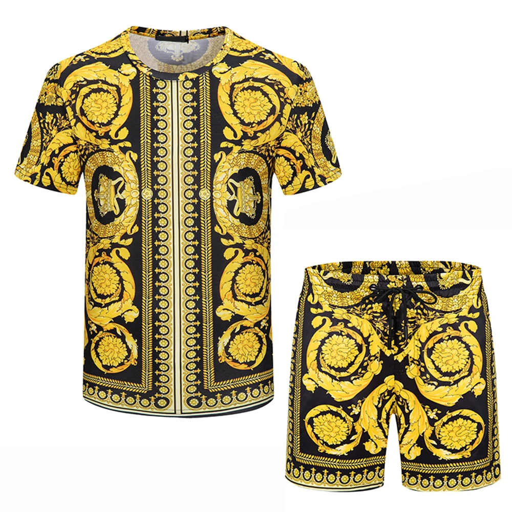 

New men's T-shirt set full court crown print short sleeve round neck half sleeve Milan European Fashion Top Pants 2-piece set