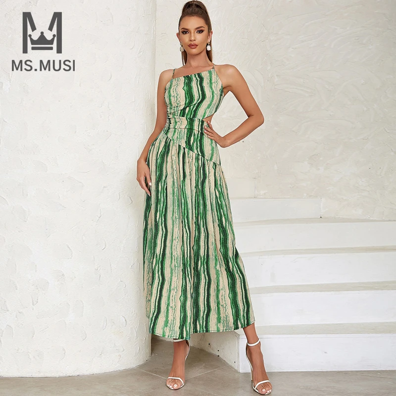 

Новинка 2023, модное женское сексуальное платье MSMUSI на бретелях, с принтом в полоску, на шнуровке, без рукавов, с открытой спиной, облегающее платье-макси для клуба, длинное платье