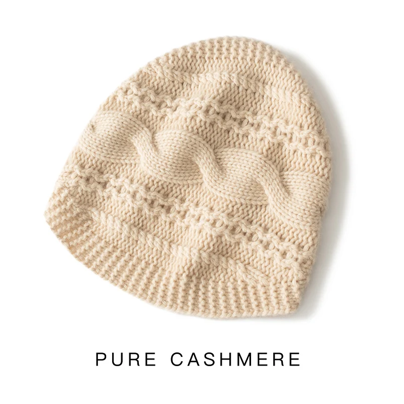 

2023 Autumn Winter New Women Hats 100% Pure Cashmere Knitted Headgears Soft Warm Fashion Casual Thick Cap 2 Colors High Quanlity