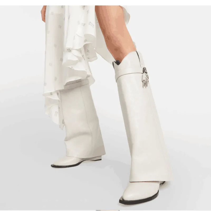 

Women's Winter New Fashion Over Knee Long Boots Shark Lock Pattern Thick Sole High Heel Boots Brand Women's Long Leather Boots
