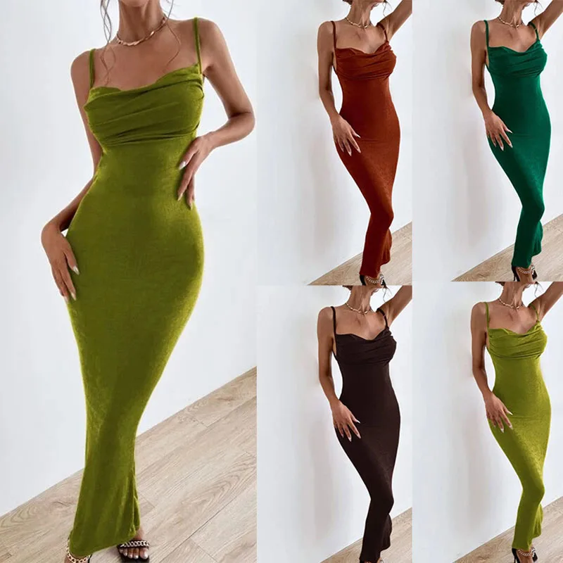 

Women's New One Line Neck Strap Open Back Style Sleeveless Long Dress Summer High Waist Sexy Solid Color Dress