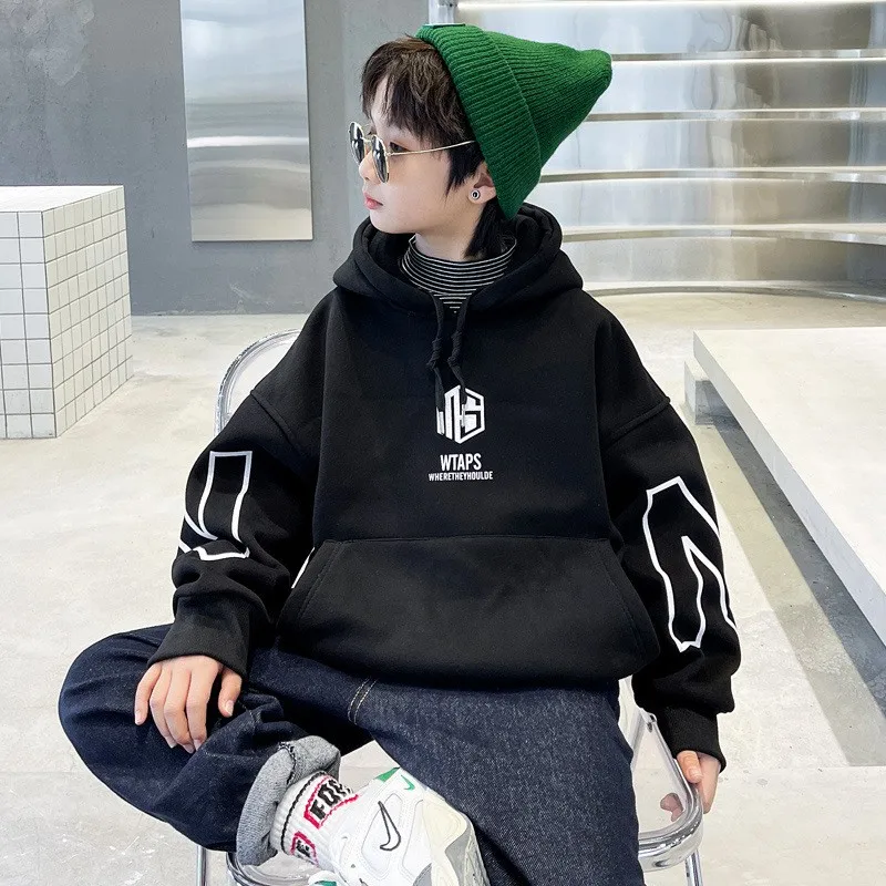 

Boys' Hoodie Hooded Wool Lining Autumn and Winter 2023 New Children's Clothing Western Thickened Overall Velvet Hoodie