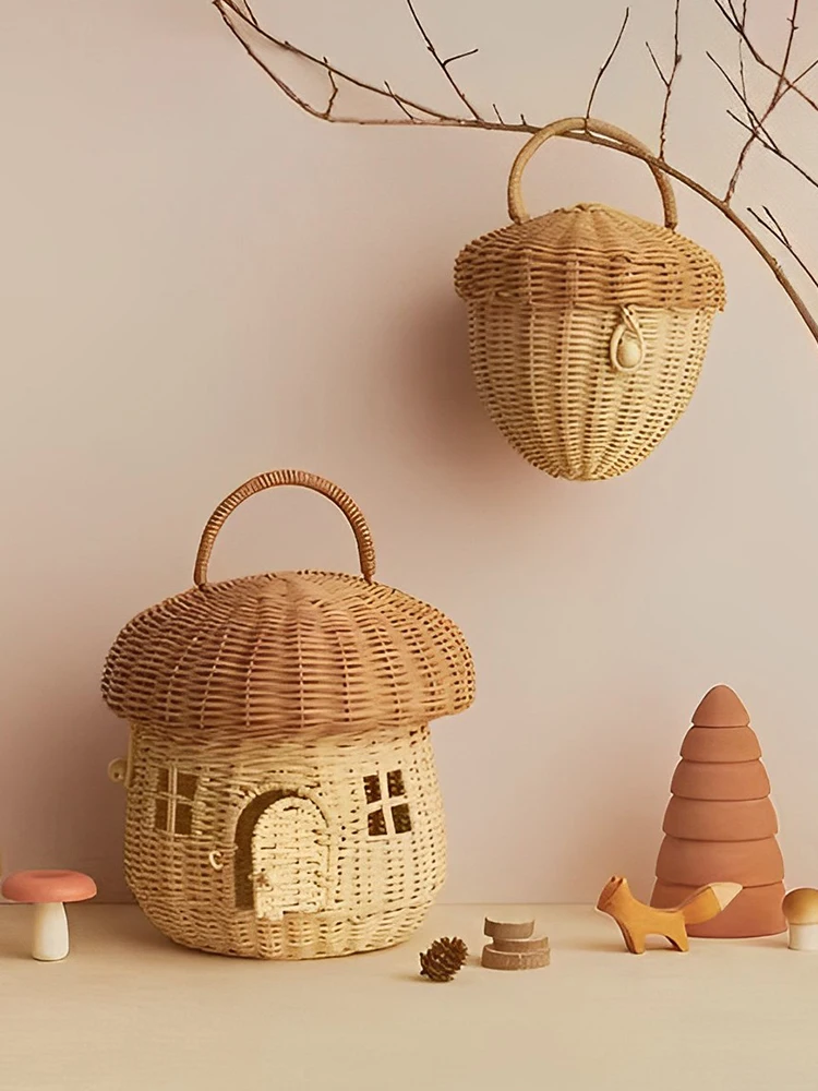 

Hand-woven Rattan Basket Mushroom Shape Storage Basket with Lid Jewelry Toy Organizer for Home Room Desktop Decoration Baskets