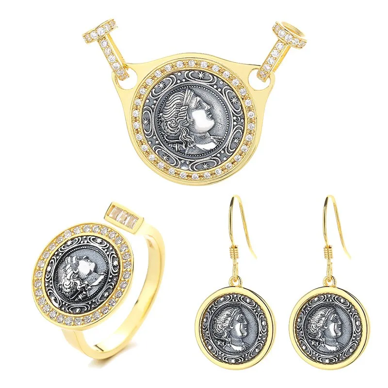 

YLNS ZFSILVER S925 Silver Fashion Artemis Retro Gold Ancient Coin Set Earrings Rings Pendant Without Chain Women Wedding Jewelry