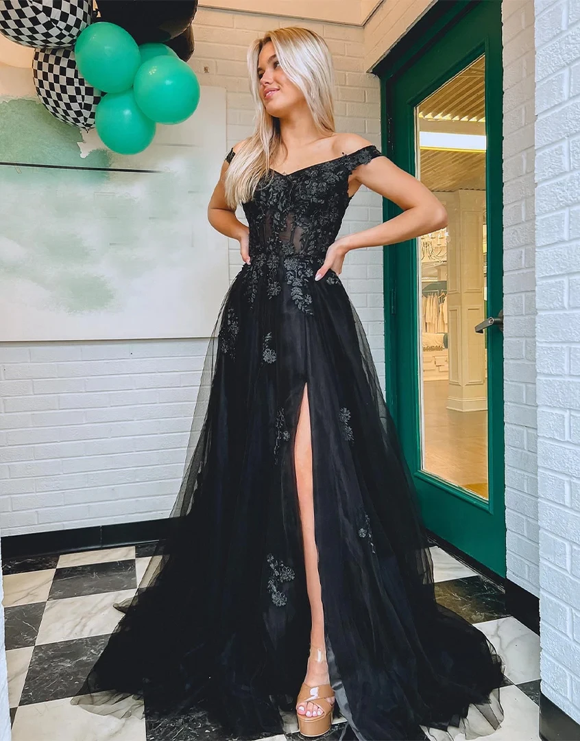 

Женские платья для выпускного вечера с открытыми плечами, кружевные Длинные вечерние платья с аппликацией, фатиновые платья с сексуальным разрезом для женщин
