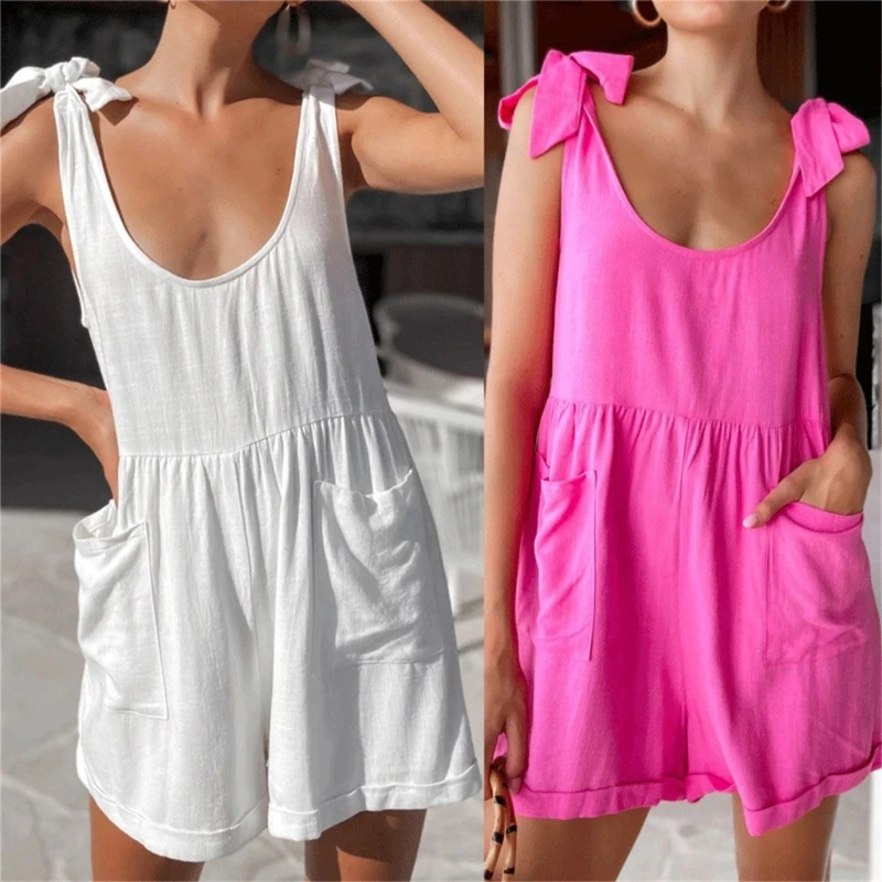

Women Bowknot Strap Backless Romper Solid Color Sleeveless Loose Short Jumpsuits