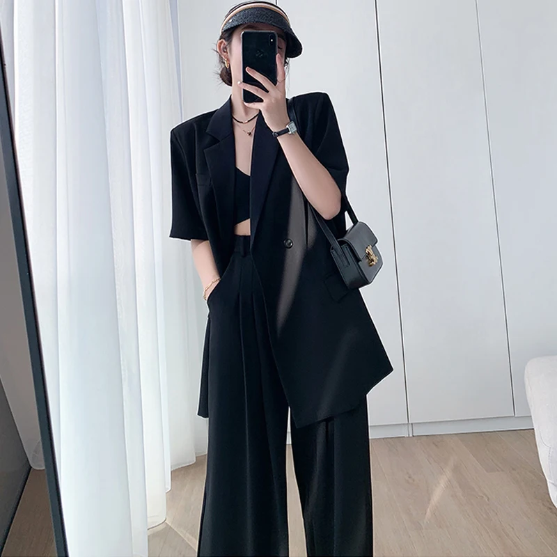 2023 Summer New Blazers Two Piece Suits Women Korean Loose Short Sleeve Blazer Tops High Waist Wide Leg Pants Sets Femme