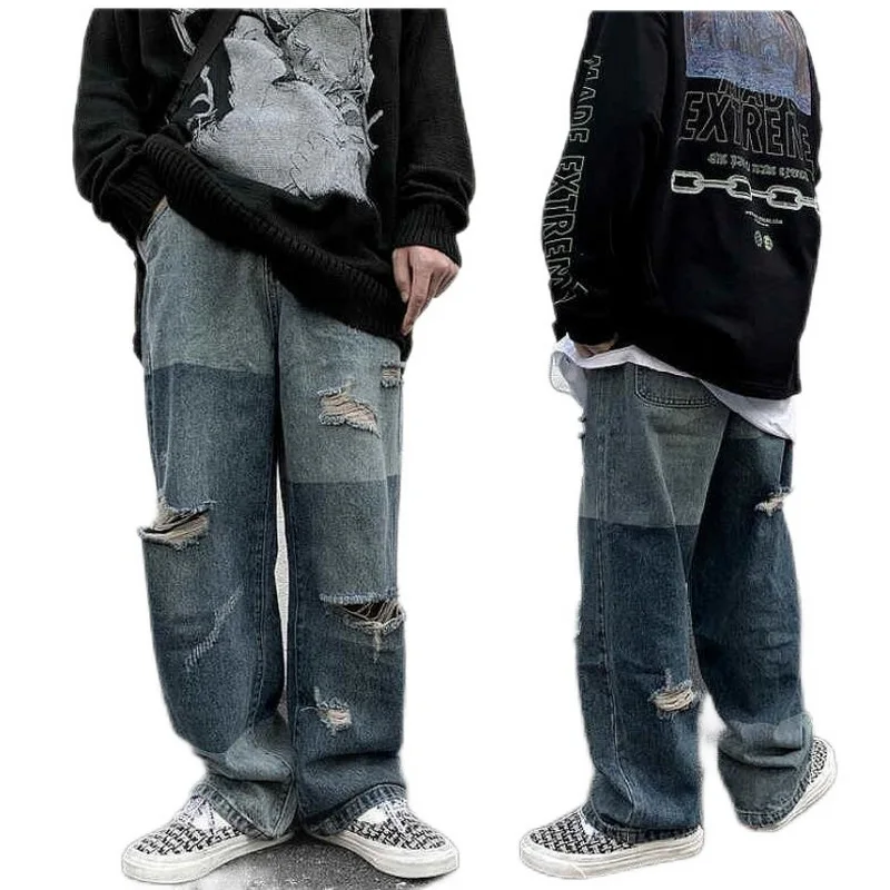 Men's Jeans High Street Retro Color Patchwork Ripped Jeans Men Loose Hiphop Washed Wide-Footed Daddy Pants