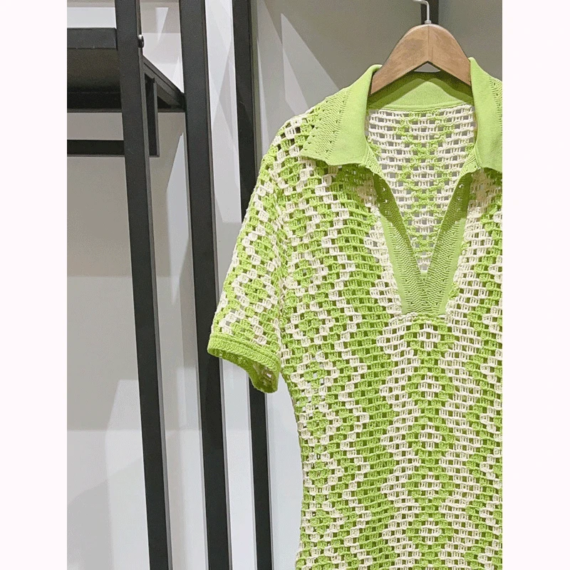 

Lapel Crochet Geometric Pattern Slit Dress Women 2023 Summer