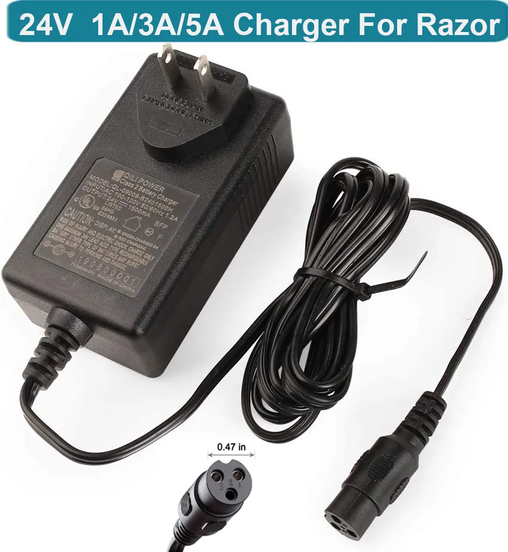 Charger for Razor E200, E300, PR200, E100, E500, MX350, Dirt Quad, Pocket Mod, and for Sports Mod, 3-Prong 24V 1A Adapter Power