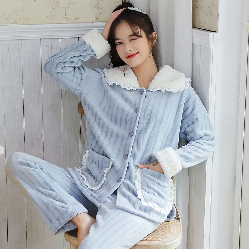 QWEEK Winter Women's Pajamas Solid Color Flannel Long Sleeve Trousers Pajamas Two Piece Sets Home Clothes Pijamas Pyjamas Cute