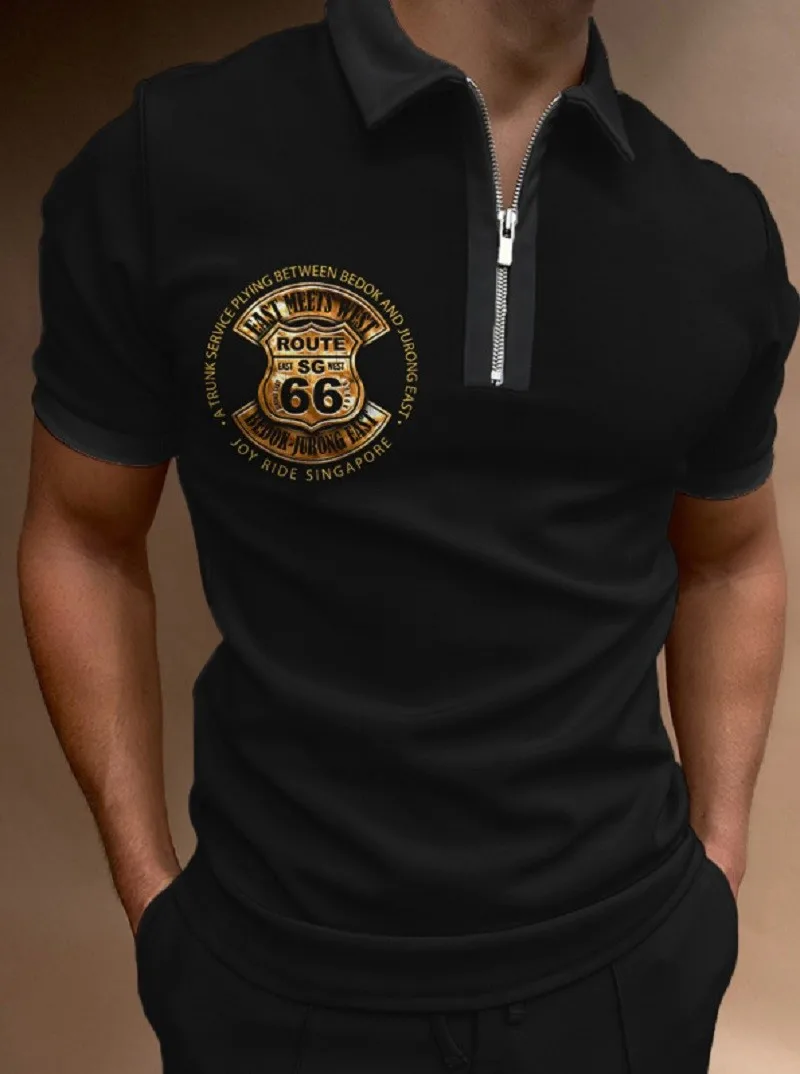 

Fashion Classic Black Hot Stamping Printing Men's Polo Shirt 2022 Summer Casual Breathable Zipper Lapel Short Sleeve T-shirt Top