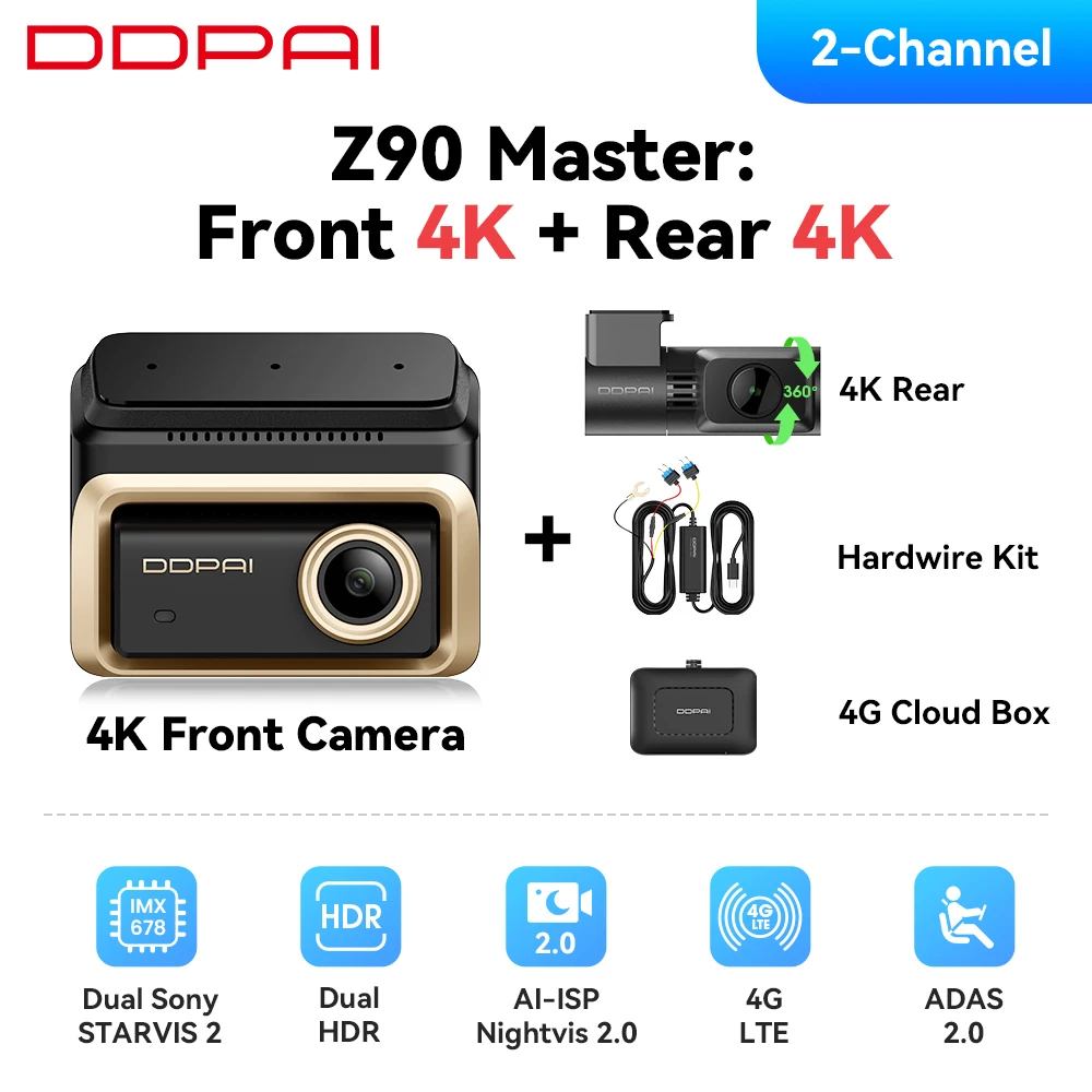 

DDPAI Z90Master 4K+4K Передний и задний автомобильный видеорегистратор двойной для Sony Sensor Video Recoreder HDR GPS ADAS Поддержка 4G Суперконденсаторная камера