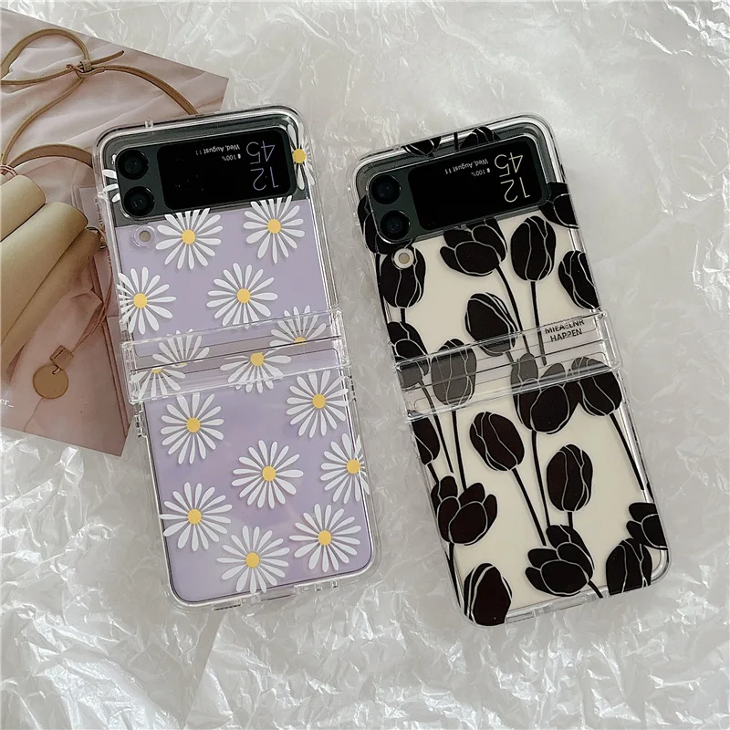 

Ins Style Tulip Daisy Phone Case for Samsung Galaxy Z Flip 4 3 Hard Cover for ZFlip3 Zflip4 Solid Shell Bracket