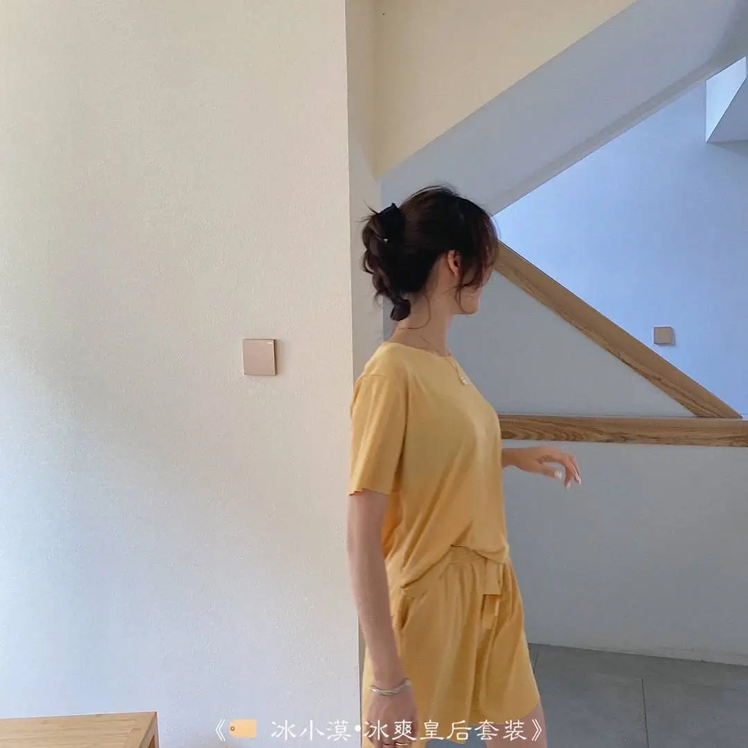 Summer Women Fashion Solid Color Set Pajamas Faux Silk Soft Sleepwear Sport Wear Leisure Suits Girl