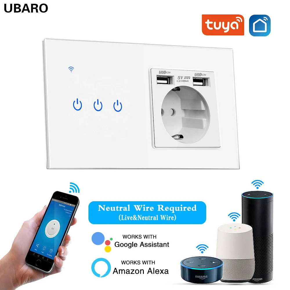 

Tuya Smart House Wifi Switch USB Socket Glass Panel Inteligente Sensor Button Work With Alexa Voice Remote Swich and Plugs16A