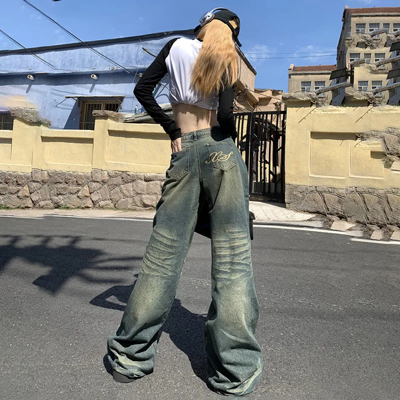 

Женские джинсы с карманами и вышивкой, свободные брюки из денима с высокой талией в стиле ретро, модные джинсы Y2K с широкими штанинами, Осень-зима