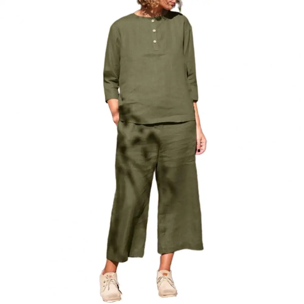 

Women Tops Pants Two Piece Sets Solid Color O Neck Pullover High Waist Wide Leg Trousers Long Sleeve Tops Outfit Matching Set