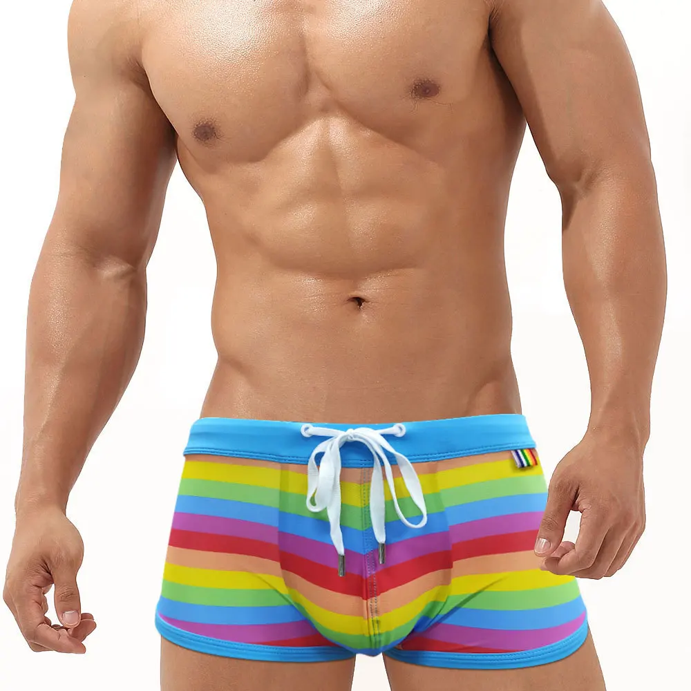 Hot Sexy Rainbow Stripes Fashion Men Swimwear Sponge Pad Swimming Pool Low Waisted Drawstring Swim Trunks Bathing-Pants surfing