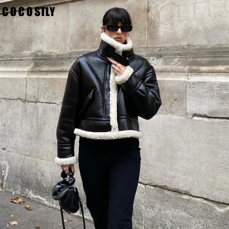 2023 Winter Fashion New Women's Coats Faux Shearling Sheepskin Retro Warm Motorcycle Jacket Female Fleece Short Outerwear Mujer