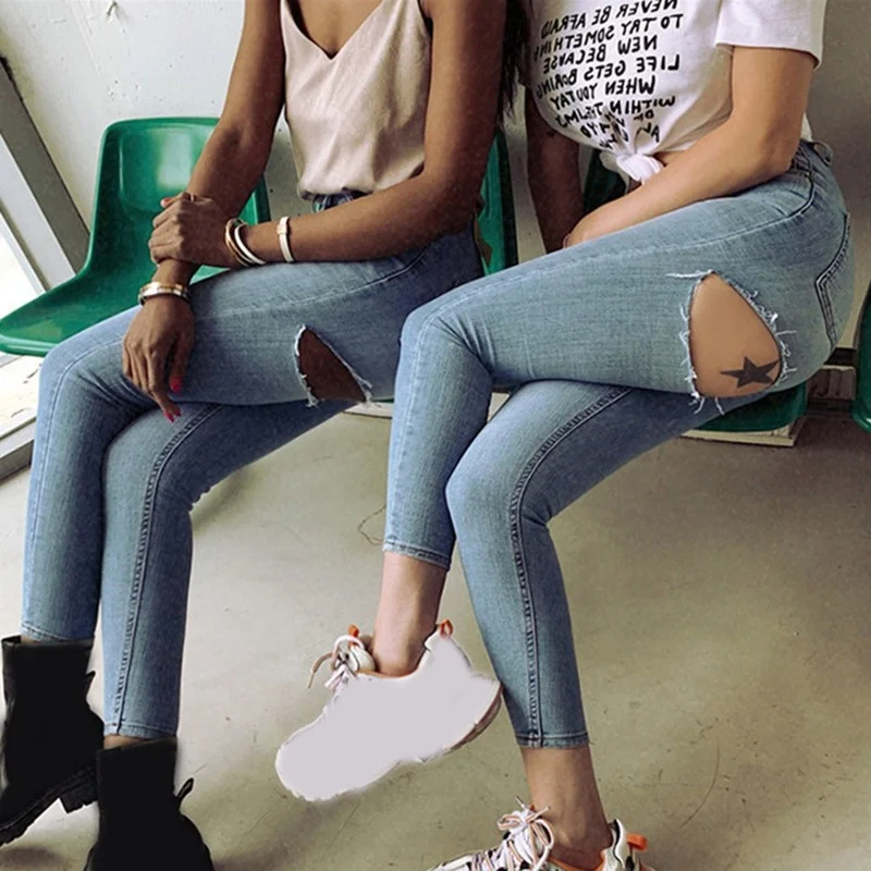 Women After The Hole Tight Jeans High Waist Denim Pants 2023 Lady Sexy Summer Bodycon Pant Casual Destroyed Hole Long Trousers