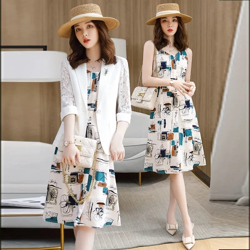 

White Blazer Dress Suit Female 2022 Summer new High-End French Western Style Suit Jacket Suspender Floral Dress Two-Piece Sets