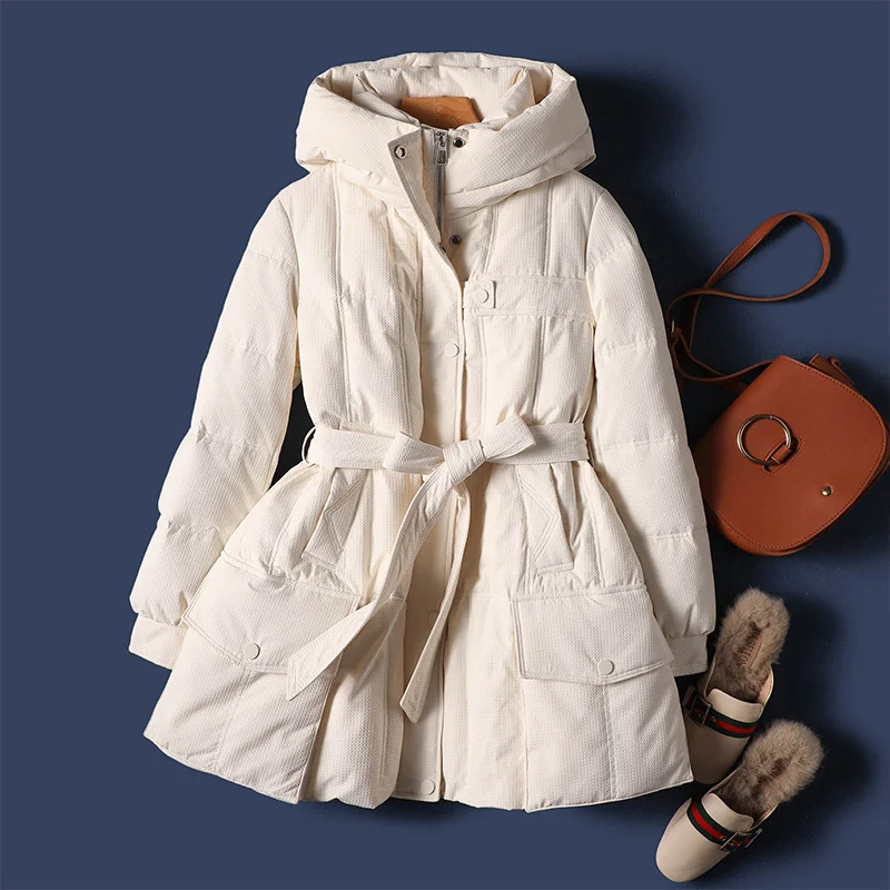 fashion design new pink abrigos mujer invierno 2022 90% White duck down Long  Luxury Covered Button  Slim thin Adjustable Waist