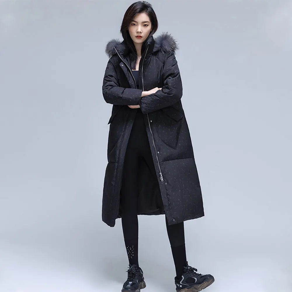 

Silver Star Pattern Big Hair Collar Down Jacket Female 2023 Winter New 90 White Duck Down Warm Long Women's Coat Tide
