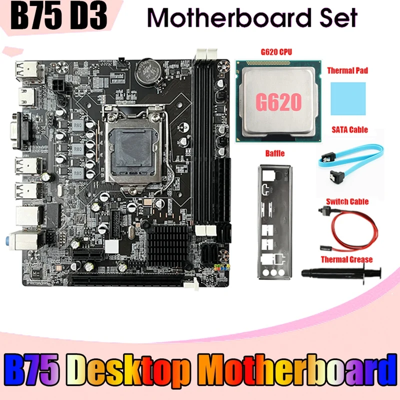 

B75 Computer Motherboard +G620 CPU+SATA Cable+Switch Cable+Baffle LGA1155 DDR3 For I3 I5 I7 Series Pentium Celeron CPU