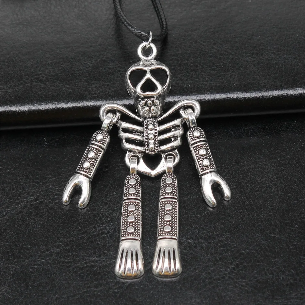 Ожерелье-цепочка унисекс из искусственной кожи, винтажный кулон в виде скелета 83 х40 мм под старину в ретро стиле, веревка черного цвета