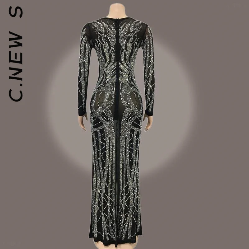 C.New S Глубокий V-образный вырез сетка пэчворк Блестки Кристалл платье для женщин