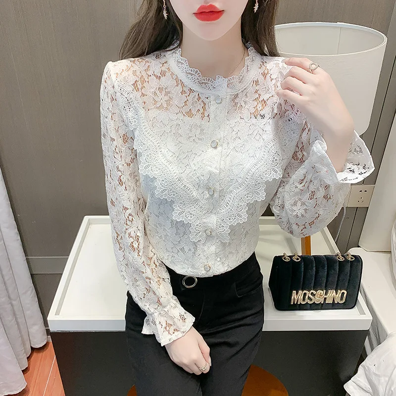 Women Tops Long Sleeve Blouse Blusas Mujer De Moda Verano Elegantes Shirts Spring and Summer Lace Ruffles Korean Version