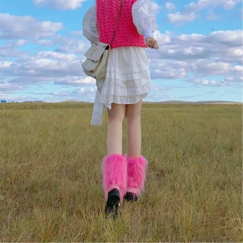 

Women Vintage Rose Red Furry Leg Warmers Winter Warm Harajuku Faux Fur Boots Shoes Cuffs Covers Long Socks Streetwear