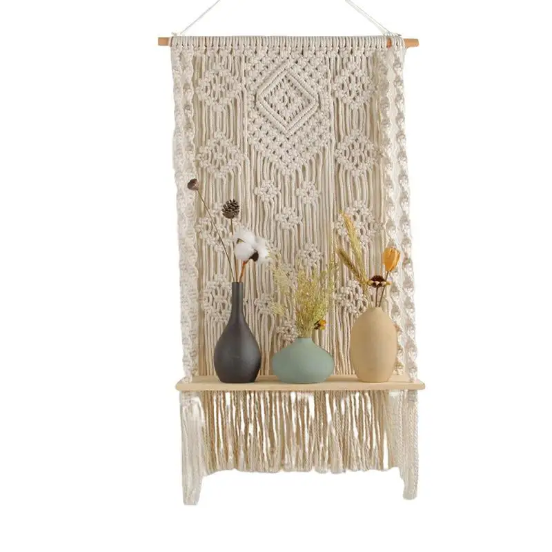 

Macrame Plant Hanger Shelf Small Planter Hangers Handmade Bohemian Wooden Woven Plants Floating Shelves Decor For Bathroom