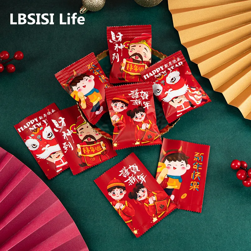 

LBSISI Life 100pc Chinese New Year Cookie Hot Seal Bag Candy Nougat Biscuit Packaging Spring Festival Party Aluminium Film Pouch